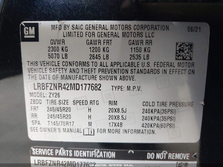 2021 Buick Envision VIN LRBFZNR42MD177682 IAAI salvage auction — FRONT END, Salvage Title, sold $3,850 on 2026-07-23 (photo 9)