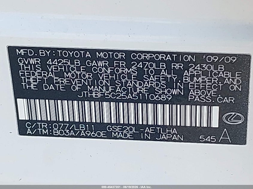 2010 Lexus Is 250 VIN JTHBF5C25A5110689 IAAI salvage auction — FRONT END, Clear (Florida), sold $375 on 2026-07-15 (photo 9)
