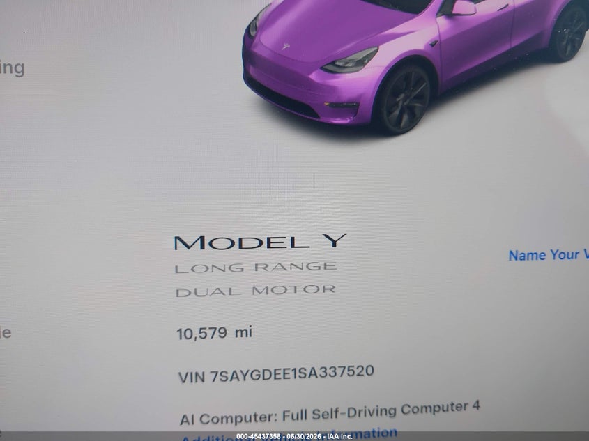 2025 Tesla Model y VIN 7SAYGDEE1SA337520 IAAI salvage auction — FRONT END, Salvage (North Carolina), sold $10,900 on 2026-07-30 (photo 9)