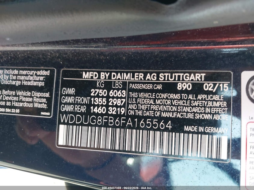 2015 Mercedes-benz S-klasse VIN WDDUG8FB6FA165564 IAAI salvage auction — LEFT REAR, Salvage - 75% Or Less (Maryland), sold $14,750 on 2026-07-08 (photo 9)