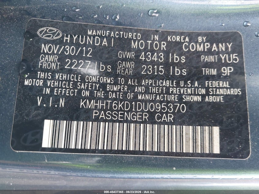 2013 Hyundai Genesis VIN KMHHT6KD1DU095370 IAAI salvage auction — REAR END, Salvage - Greater Than 75% (Maryland), sold $675 on 2026-08-30 (photo 9)