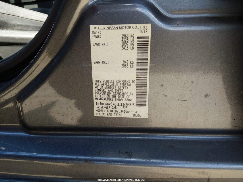 2019 Nissan Altima VIN 1N4BL4BV3KC118955 IAAI salvage auction — FRONT END, Salvage Title, sold $2,300 on 2026-07-18 (photo 9)