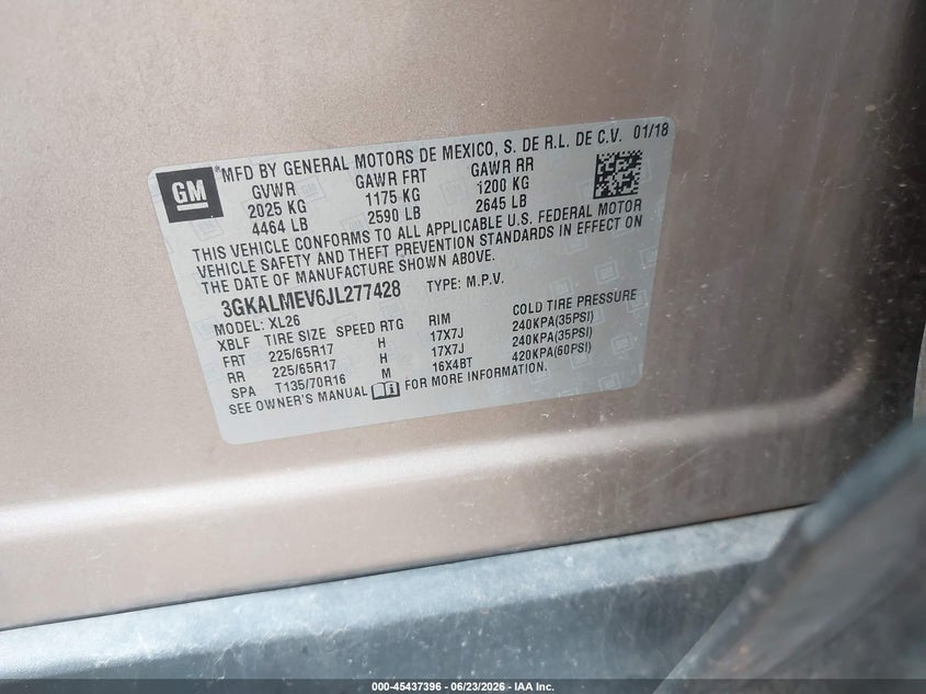2018 Gmc Terrain VIN 3GKALMEV6JL277428 IAAI salvage auction — FRONT END, Salvage (Oklahoma), sold $2,650 on 2026-07-23 (photo 9)