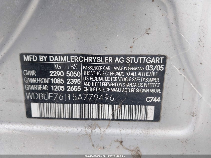 2005 Mercedes-benz E-class VIN WDBUF76J15A779496 IAAI salvage auction — NORMAL WEAR, Clear - Dealer Only (California), sold $3,600 on 2026-07-22 (photo 9)