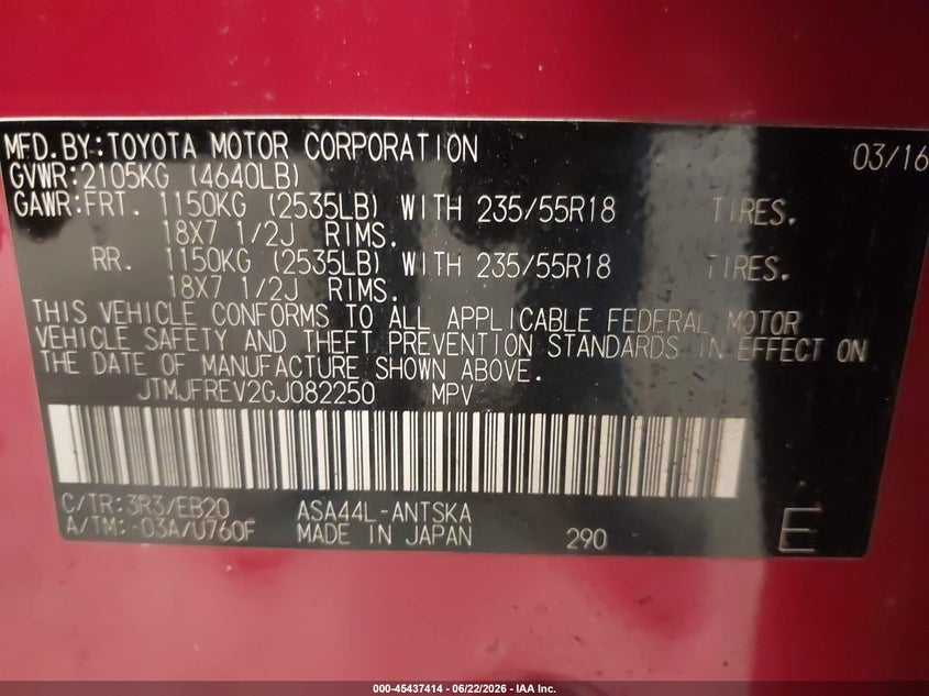 2016 Toyota VIN JTMJFREV2GJ082250 IAAI salvage auction — SIDE, Salvage (Connecticut), sold $4,350 on 2026-07-26 (photo 9)