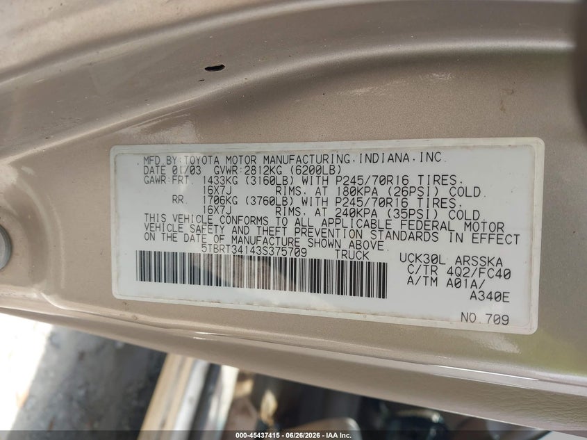 2003 Toyota Tundra VIN 5TBRT34143S375709 IAAI salvage auction — NORMAL WEAR, Repossession Paperwork (Georgia), sold $475 on 2026-07-10 (photo 9)