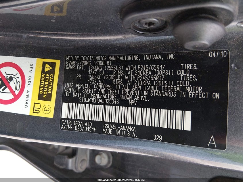 2010 Toyota Highlander VIN 5TDJK3EH9AS025346 IAAI salvage auction — RIGHT SIDE, Salvage (Texas), sold $1,850 on 2026-07-23 (photo 9)