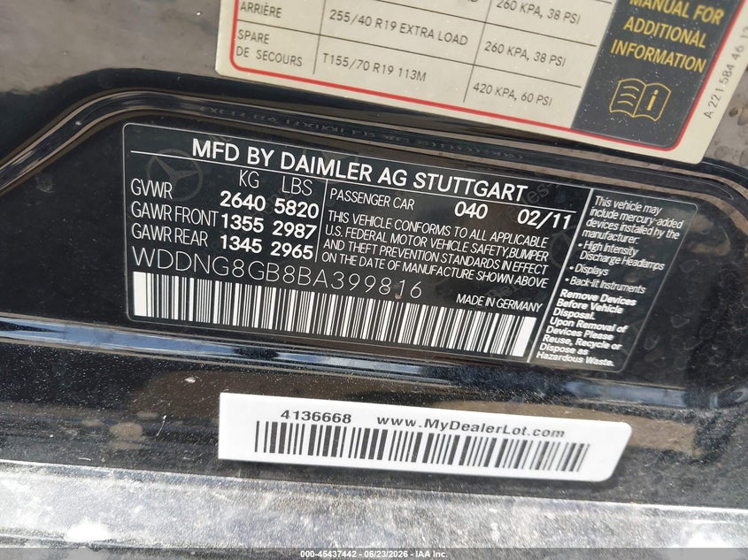 2011 Mercedes-benz S class VIN WDDNG8GB8BA399816 IAAI salvage auction — FRONT END, Salvage (Texas), sold $1,125 on 2026-07-29 (photo 9)