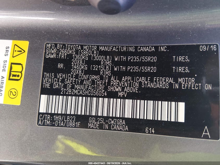 2017 Lexus Rx VIN 2T2BZMCA5HC056054 IAAI salvage auction — REAR END, Bill Of Sale (Washington), sold $10,100 on 2026-07-18 (photo 9)