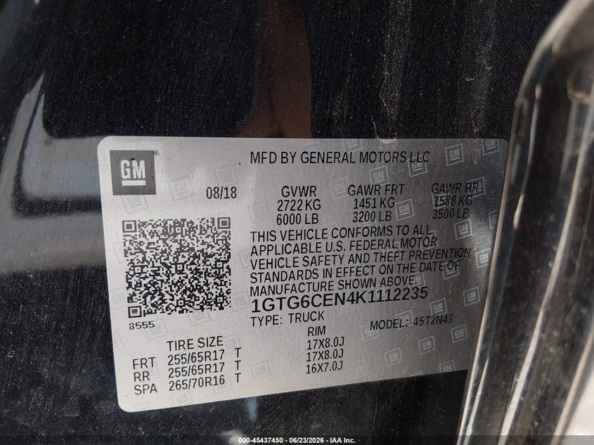2019 Gmc Canyon VIN 1GTG6CEN4K1112235 IAAI salvage auction — FRONT END, Salvage Title, sold $525 on 2026-07-31 (photo 9)