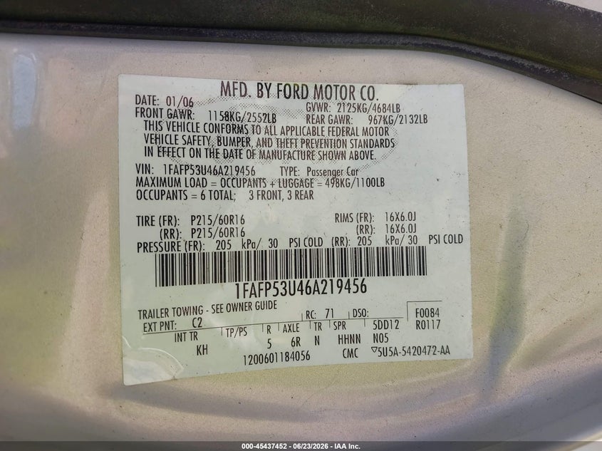 2006 Ford Taurus VIN 1FAFP53U46A219456 IAAI salvage auction — NORMAL WEAR, Clear (California), sold $350 on 2026-07-09 (photo 9)