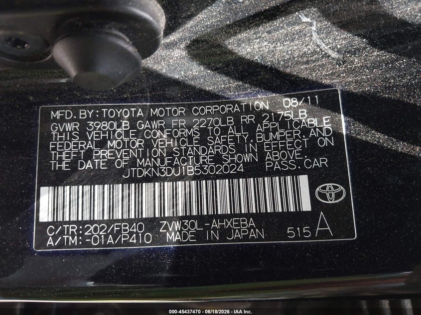 2011 Toyota Prius VIN JTDKN3DU1B5302024 IAAI salvage auction — NORMAL WEAR, Clear - Dealer Only (California), sold $550 on 2026-07-29 (photo 9)