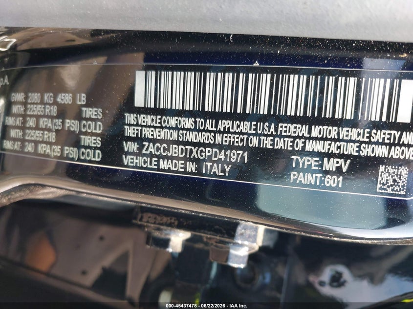 2016 Jeep Renegade VIN ZACCJBDTXGPD41971 IAAI salvage auction — FRONT END, Salvage - Greater Than 75% (Maryland), sold $1,350 on 2026-07-15 (photo 9)