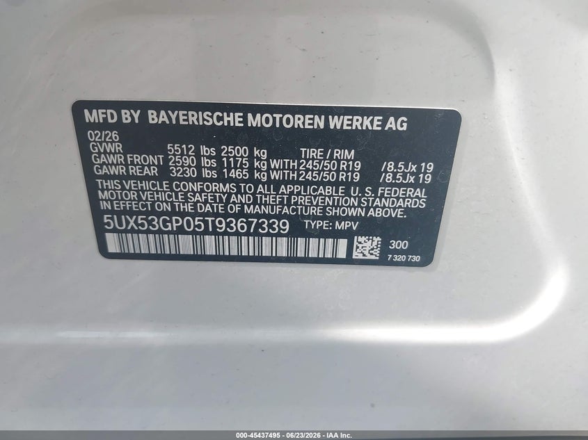 2026 BMW X3 VIN 5UX53GP05T9367339 IAAI salvage auction — REAR END, Clear (Florida), sold $31,100 on 2026-07-08 (photo 9)