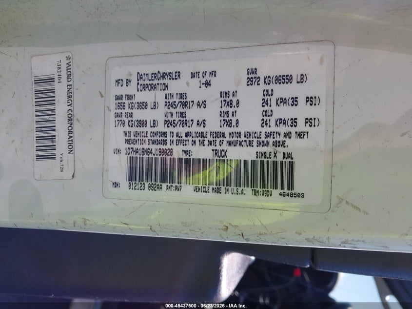 2004 Dodge Ram 1500 VIN 1D7HA16N64J190028 IAAI salvage auction — NORMAL WEAR, Clear (California), sold $2,425 on 2026-07-09 (photo 9)
