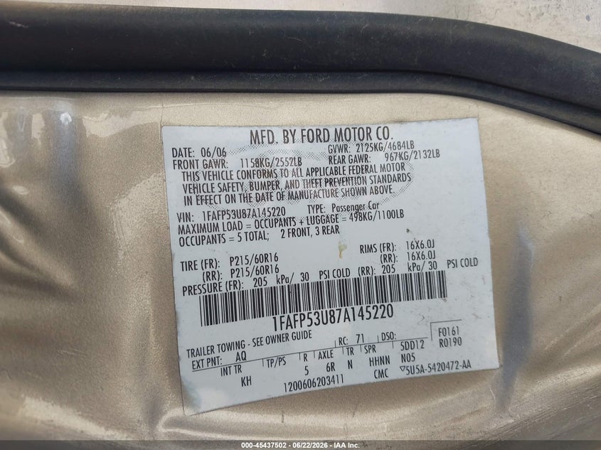 2007 Ford Taurus VIN 1FAFP53U87A145220 IAAI salvage auction — NORMAL WEAR, Clear (California), sold $325 on 2026-07-09 (photo 9)