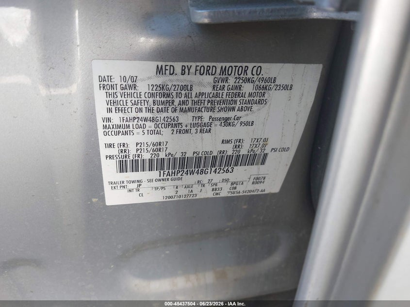 2008 Ford Taurus VIN 1FAHP24W48G142563 IAAI salvage auction — NORMAL WEAR, Clear (California), sold $1,125 on 2026-07-09 (photo 9)
