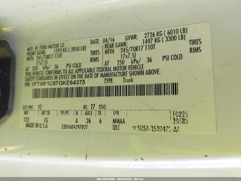 2016 Ford F-150 VIN 1FTMF1C87GKE64375 IAAI salvage auction — REAR END, Clear (California), sold $6,225 on 2026-07-09 (photo 9)
