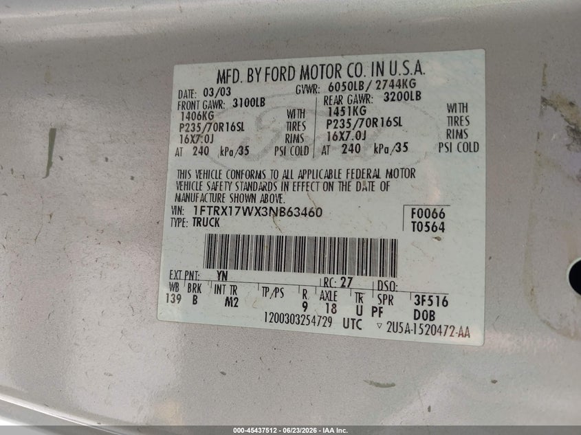 2003 Ford F-150 VIN 1FTRX17WX3NB63460 IAAI salvage auction — NORMAL WEAR, Clear (California), sold $700 on 2026-07-09 (photo 9)