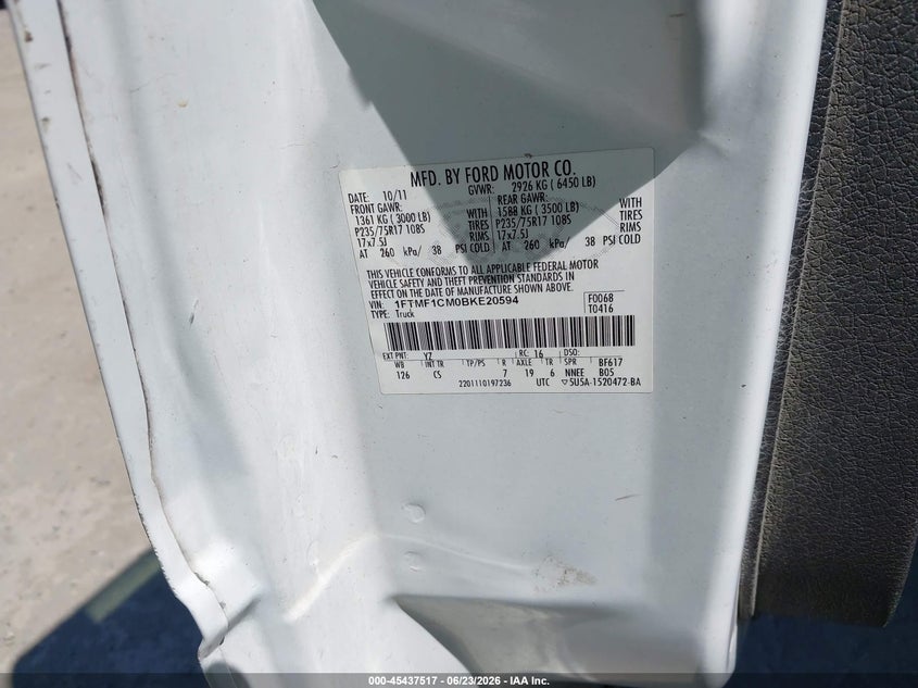 2011 Ford F-150 VIN 1FTMF1CM0BKE20594 IAAI salvage auction — NORMAL WEAR, Clear (California), sold $3,650 on 2026-07-09 (photo 9)
