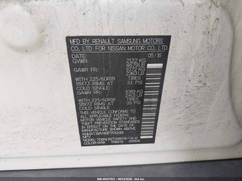 2016 Nissan Rogue VIN KNMAT2MV9GP701246 IAAI salvage auction — FRONT END, Salvage (Pennsylvania), sold $775 on 2026-07-31 (photo 9)