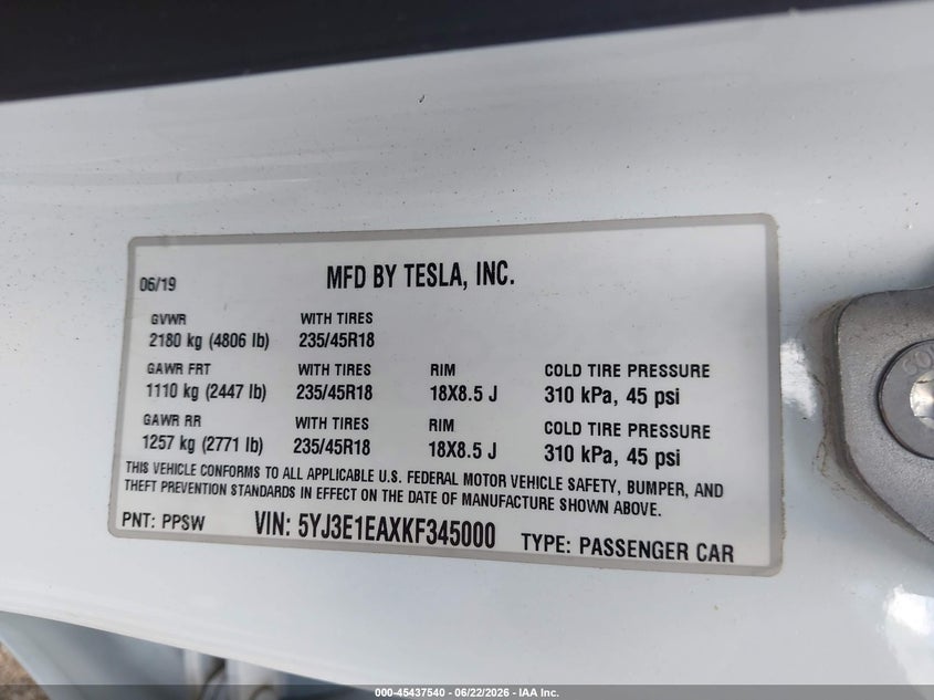 2019 Tesla Model 3 VIN 5YJ3E1EAXKF345000 IAAI salvage auction — REAR END, Salvage (Idaho), sold $6,600 on 2026-08-02 (photo 9)