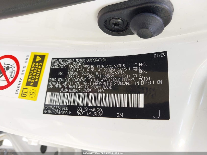 2010 Lexus Rx VIN JTJBK1BA0A2403509 IAAI salvage auction — FRONT END, Salvage (Virginia), sold $3,700 on 2026-07-11 (photo 9)