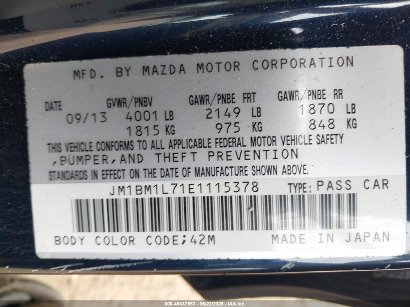 2014 Mazda 3 VIN JM1BM1L71E1115378 IAAI salvage auction — RIGHT SIDE, Salvage (Idaho), sold $1,400 on 2026-07-15 (photo 9)