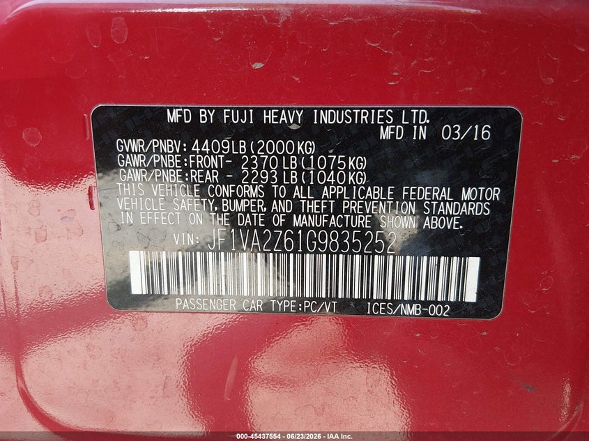 2016 Subaru Wrx sti VIN JF1VA2Z61G9835252 IAAI salvage auction — FRONT END, Salvage Title, sold $3,350 on 2026-07-12 (photo 9)