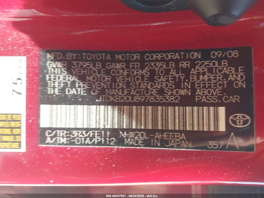 2009 Toyota Prius VIN JTDKB20U897835382 IAAI salvage auction — NORMAL WEAR, Clear (Florida), sold $275 on 2026-07-28 (photo 9)