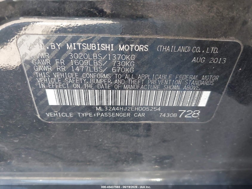 2014 Mitsubishi Mirage VIN ML32A4HJ2EH005254 IAAI salvage auction — LEFT FRONT, Salvage (Arizona), sold $1,000 on 2026-07-28 (photo 9)