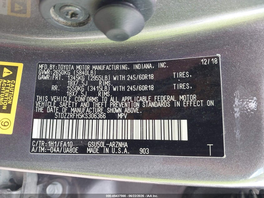 2019 Toyota Highlander VIN 5TDZZRFH5KS306366 IAAI salvage auction — FRONT END, Salvage (Texas), sold $25 on 2026-07-28 (photo 9)