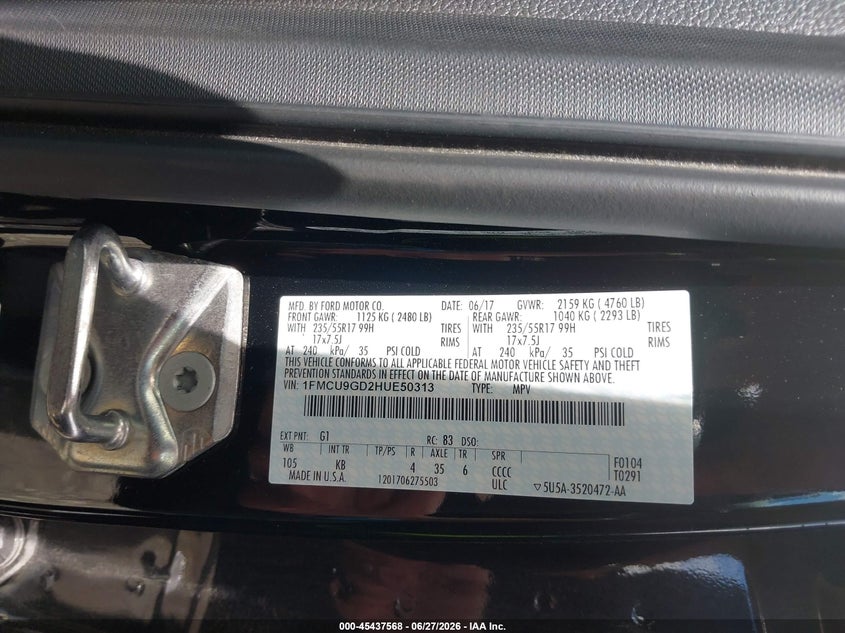 2017 Ford Escape VIN 1FMCU9GD2HUE50313 IAAI salvage auction — NORMAL WEAR, Sf97 (Washington), sold $25 on 2026-07-29 (photo 9)
