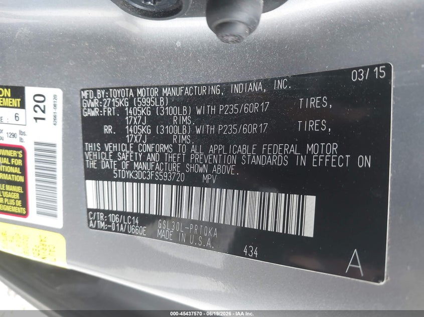 2015 Toyota Sienna VIN 5TDYK3DC3FS593720 IAAI salvage auction — FRONT END, Salvage (Ohio), sold $4,700 on 2026-07-14 (photo 9)