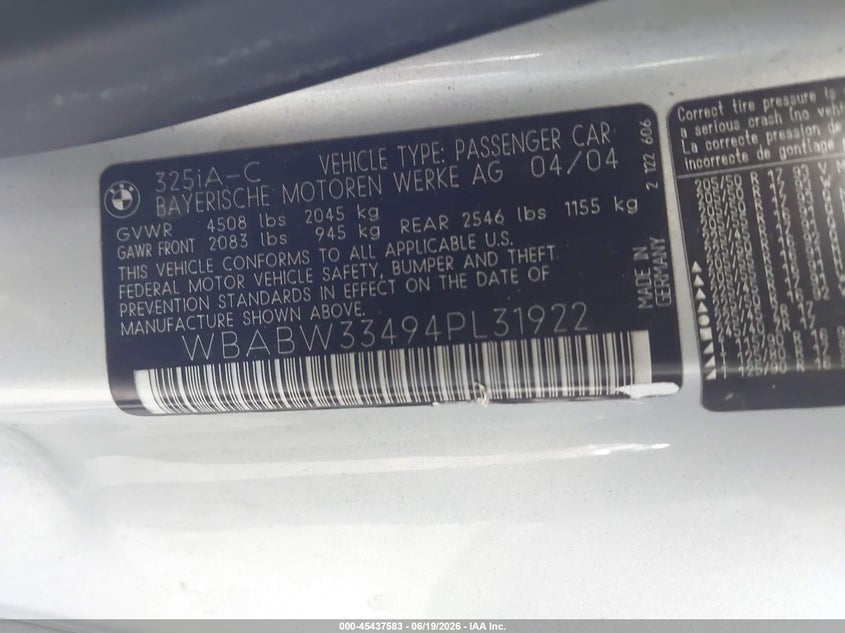 2004 BMW 3 series VIN WBABW33494PL31922 IAAI salvage auction — SIDE, Non-Repairable (California), sold $325 on 2026-07-10 (photo 9)