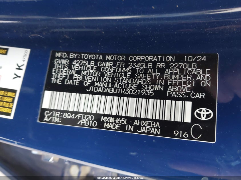 2024 Toyota Prius VIN JTDADABU1R3021935 IAAI salvage auction — RIGHT FRONT, Bill Of Sale (Washington), sold $10,600 on 2026-07-29 (photo 9)