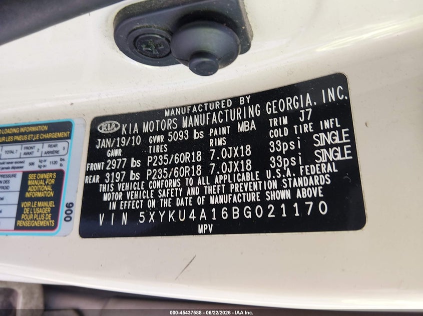 2011 Kia Sorento VIN 5XYKU4A16BG021170 IAAI salvage auction — FRONT END, Salvage (Georgia), sold $550 on 2026-07-24 (photo 9)