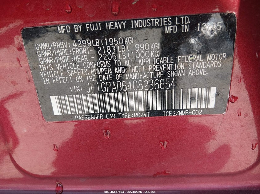 2016 Subaru Impreza VIN JF1GPAB64G8236654 IAAI salvage auction — REAR END, Salvage (Utah), sold $1,250 on 2026-07-23 (photo 9)