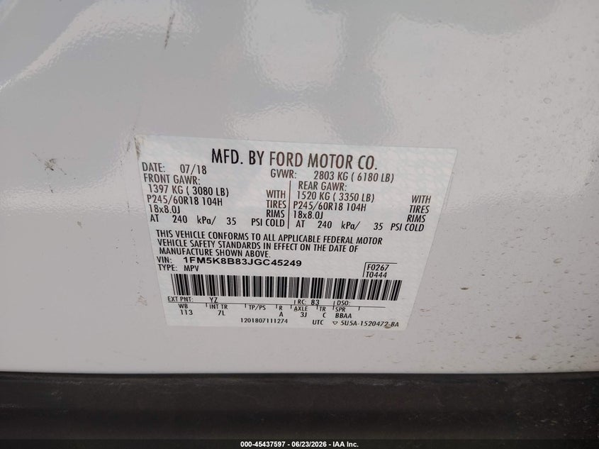 2018 Ford Explorer VIN 1FM5K8B83JGC45249 IAAI salvage auction — NORMAL WEAR, Sf97 (Arizona), sold $13,300 on 2026-07-28 (photo 9)