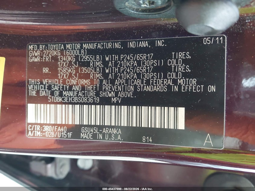 2011 Toyota Highlander VIN 5TDBK3EH3BS083619 IAAI salvage auction — FRONT END, Salvage (Pennsylvania), sold $3,000 on 2026-07-17 (photo 9)