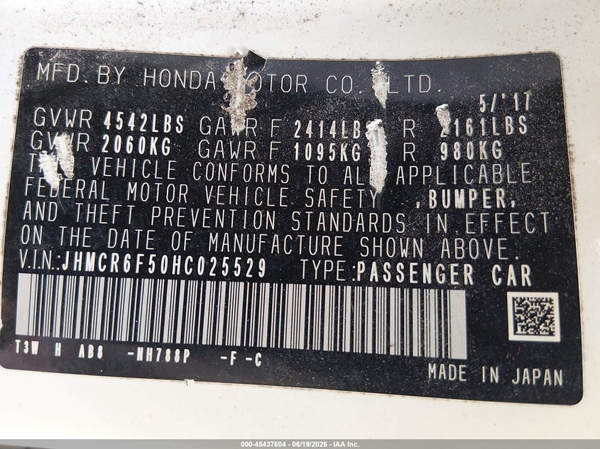 2017 Honda Accord VIN JHMCR6F50HC025529 IAAI salvage auction — FRONT END, Rebuildable (Florida), sold $1,950 on 2026-07-29 (photo 9)