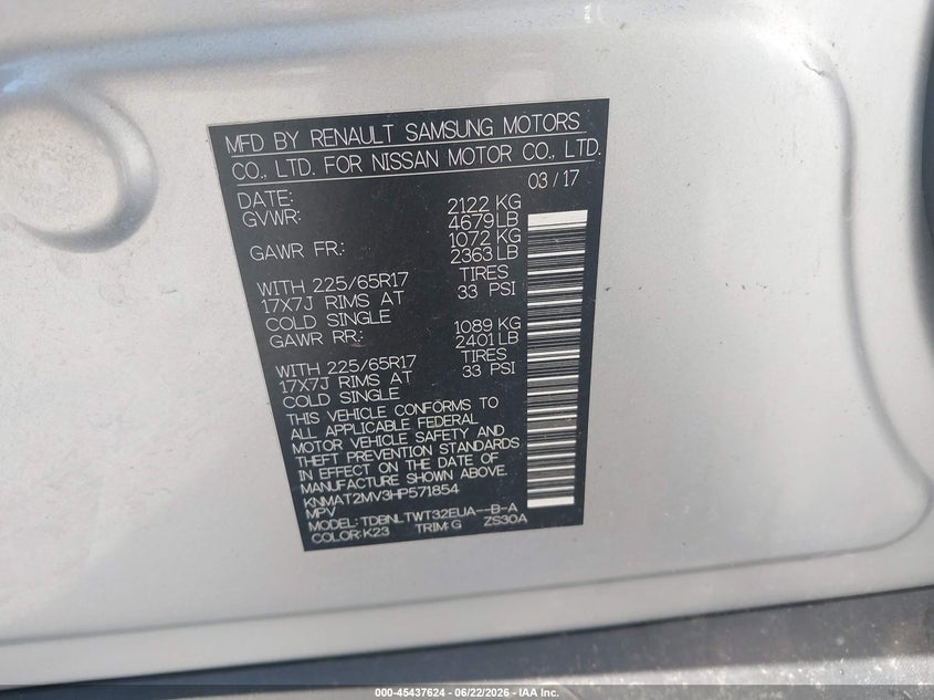 2017 Nissan Rogue VIN KNMAT2MV3HP571854 IAAI salvage auction — RIGHT SIDE, Regular Certificate (Iowa), sold $525 on 2026-07-28 (photo 9)