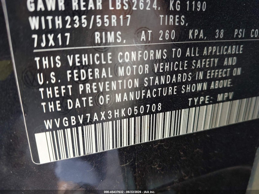 2017 Volkswagen Tiguan VIN WVGBV7AX3HK050708 IAAI salvage auction — REAR END, Salvage (North Carolina), sold $2,250 on 2026-07-27 (photo 9)