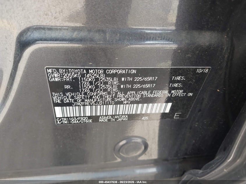 2018 Toyota Rav 4 VIN JTMZFREV5JJ211110 IAAI salvage auction — REAR END, Original (Texas), sold $10,800 on 2026-08-01 (photo 9)