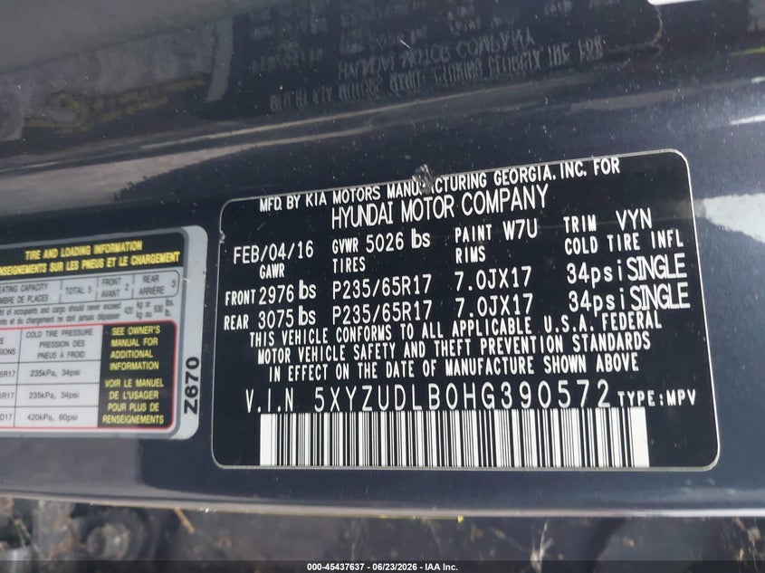2017 Hyundai VIN 5XYZUDLB0HG390572 IAAI salvage auction — NORMAL WEAR, Clear (Pennsylvania), sold $2,950 on 2026-07-17 (photo 9)