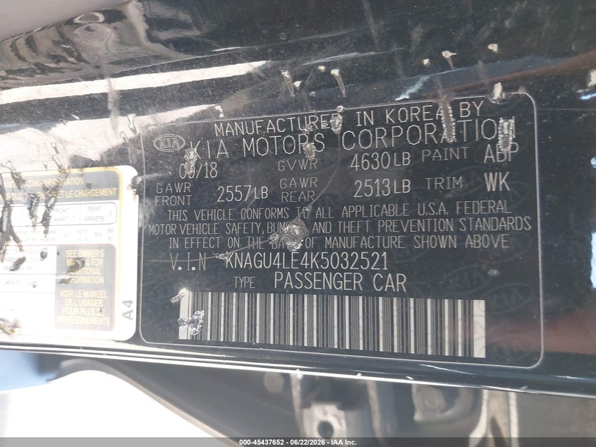 2019 Kia VIN KNAGU4LE4K5032521 IAAI salvage auction — UNKNOWN, Clear - Dealer Only (California), sold $1,300 on 2026-07-22 (photo 9)