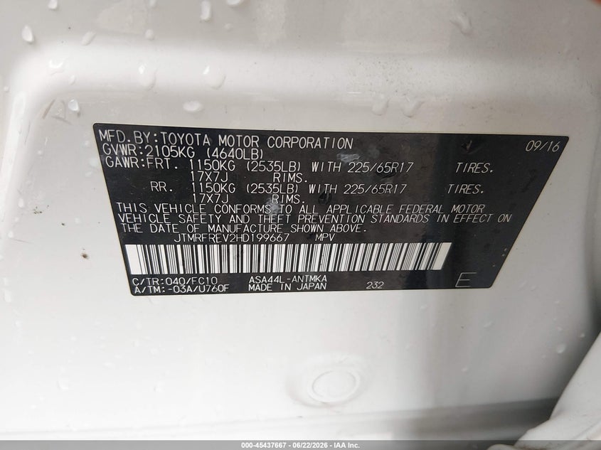 2017 Toyota VIN JTMRFREV2HD199667 IAAI salvage auction — LEFT SIDE, Clear (Indiana), sold $6,000 on 2026-07-24 (photo 9)