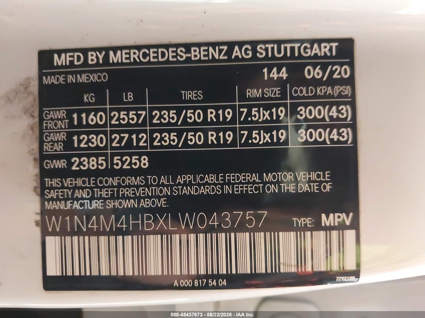 2020 Mercedes-benz Glb VIN W1N4M4HBXLW043757 IAAI salvage auction — FRONT END, Salvage Title, sold $8,400 on 2026-08-25 (photo 9)