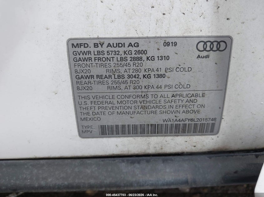 2020 Audi Sq5 VIN WA1A4AFY6L2015746 IAAI salvage auction — FRONT END, Mv-907A (New York), sold $6,300 on 2026-07-28 (photo 9)