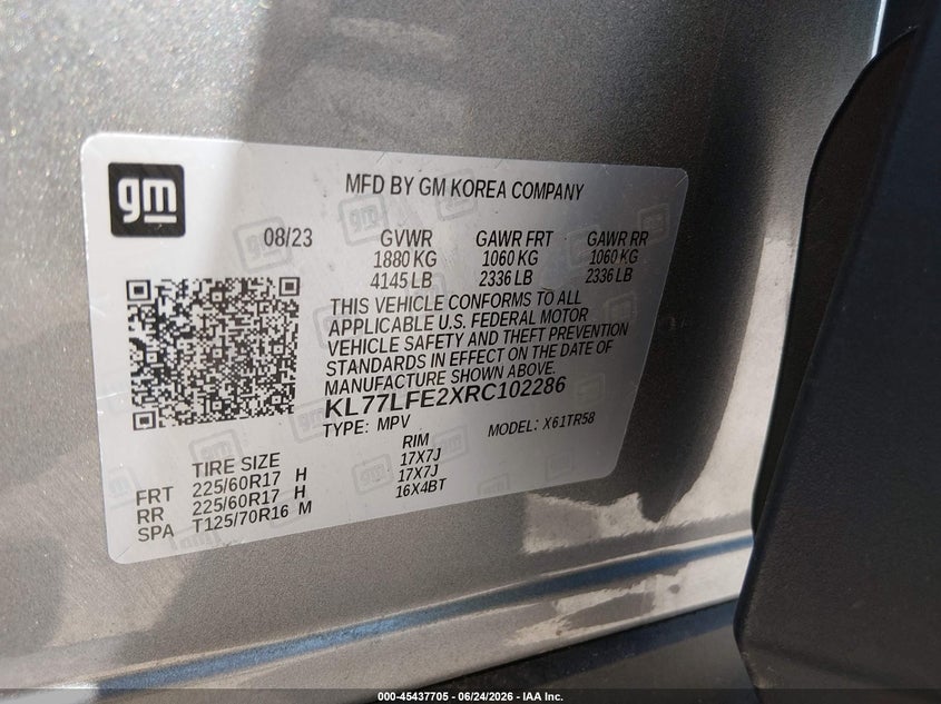 2024 Chevrolet Trax VIN KL77LFE2XRC102286 IAAI salvage auction — HAIL, Salvage (Ohio), sold $25 on 2026-07-21 (photo 9)